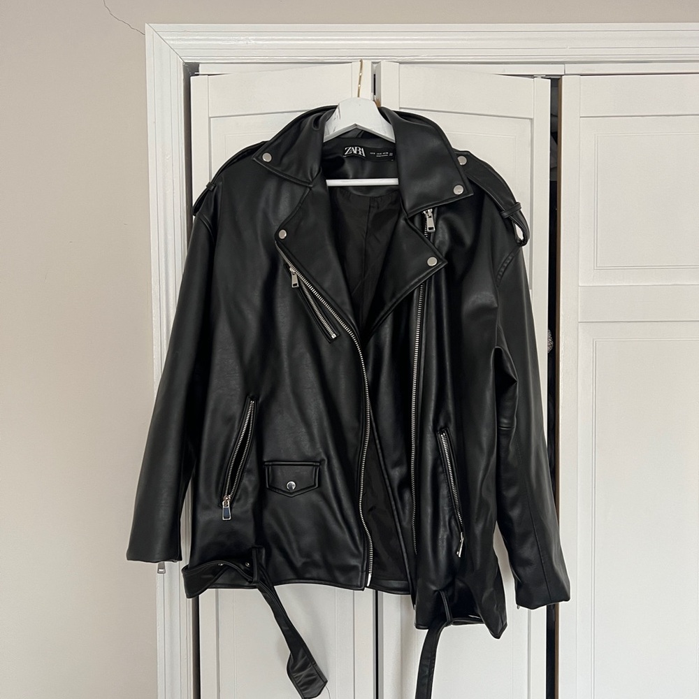 Zara Black Leather Moto Jacket Asymmetrical Design
